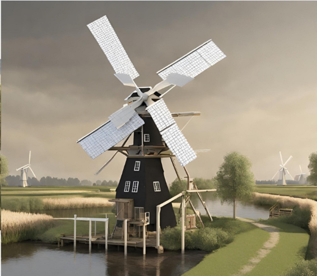 energietransitie: neerlands stroom met zonnepanelen en windmolens in hollands landschap met molen en zonnepanelen op wiekenna-klimaatburgemeester almere